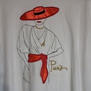 New Tshirt XL White Paris Graphic Cotton Ladies with Red Silky Accents Cozy NWOT